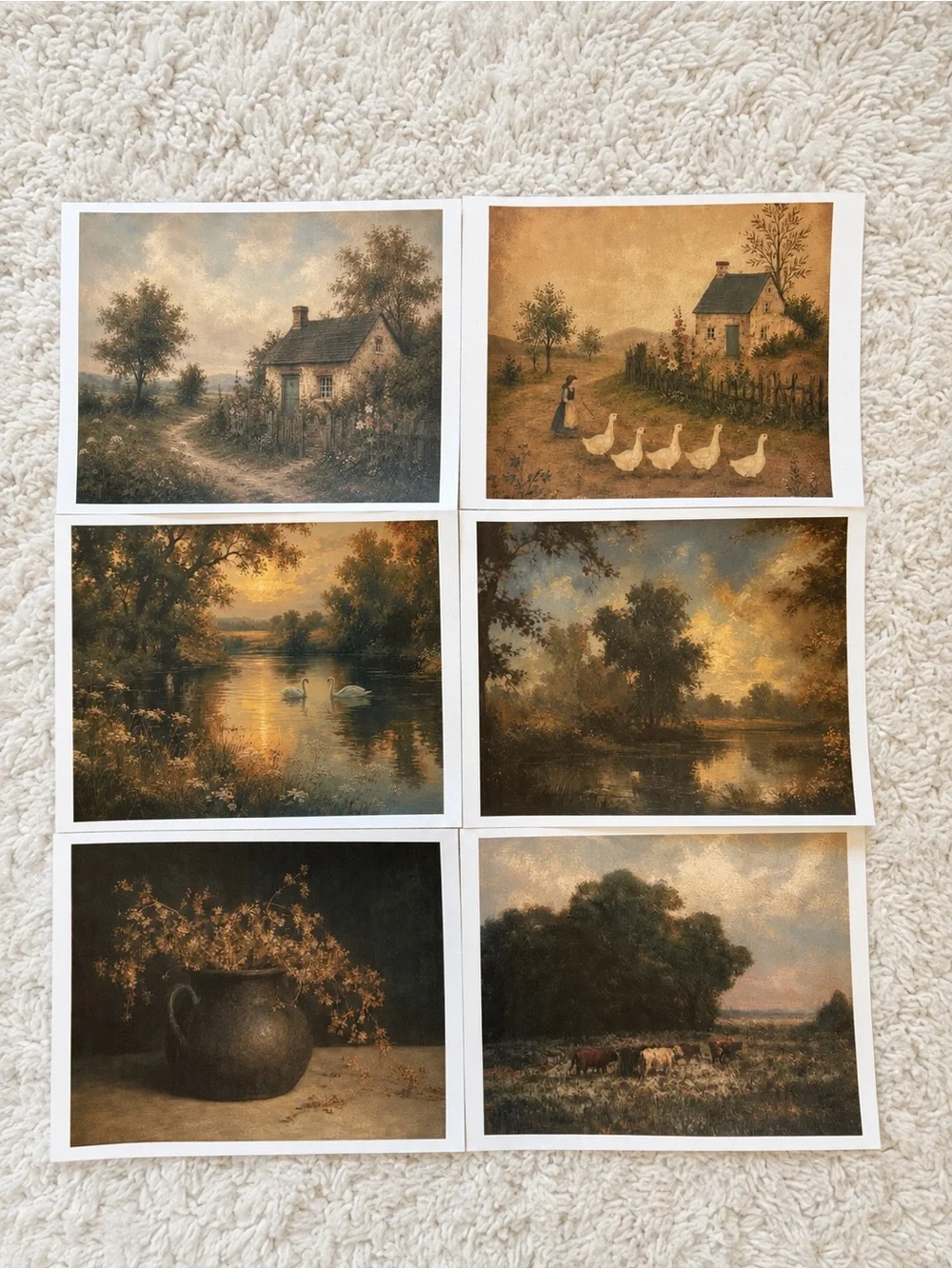 8x10 cardstock Rustic Country Scene Wall Art Set - Warm Brown & Gold Tones